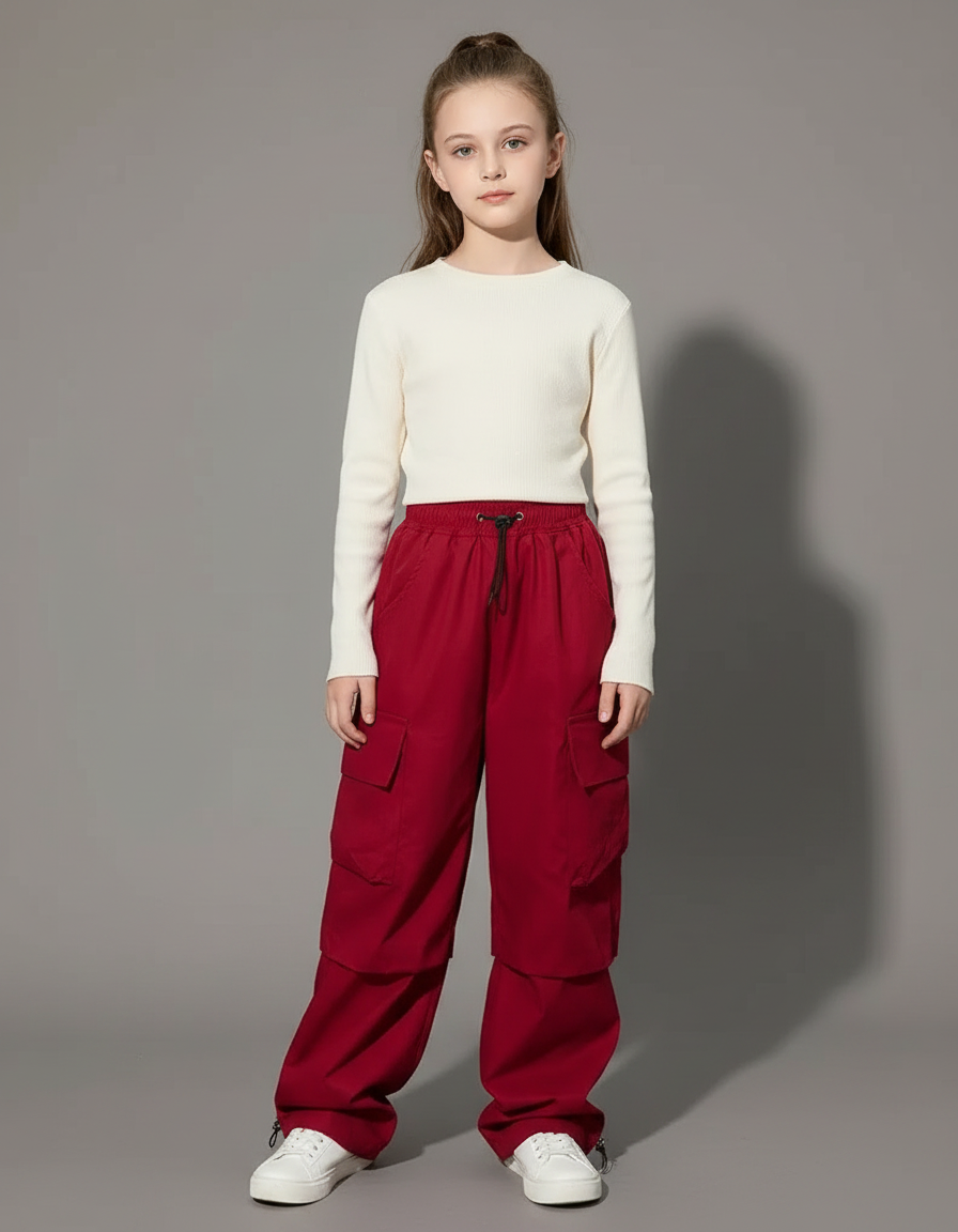 Pantalon Fluide Rouge Cargo Ample Cordon Fille - Polyester