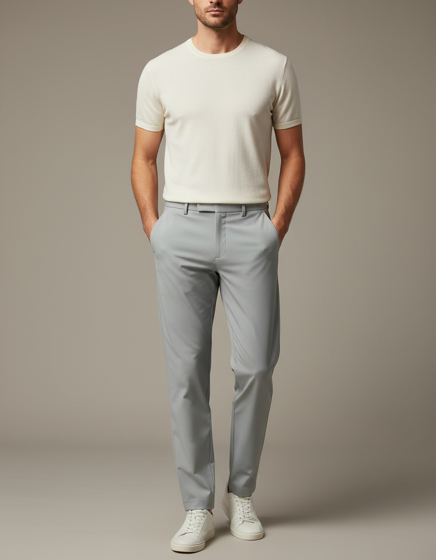 Pantalon Fluide Gris Clair Droit Stretch Homme - Polyester