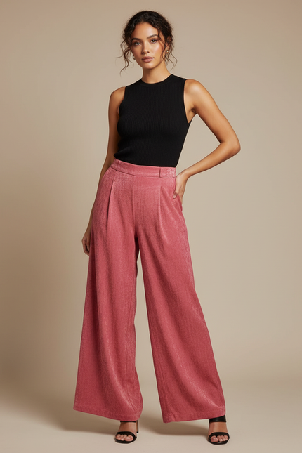 Pantalon Fluide Rose Plissé Ample Élégant Femme - Viscose