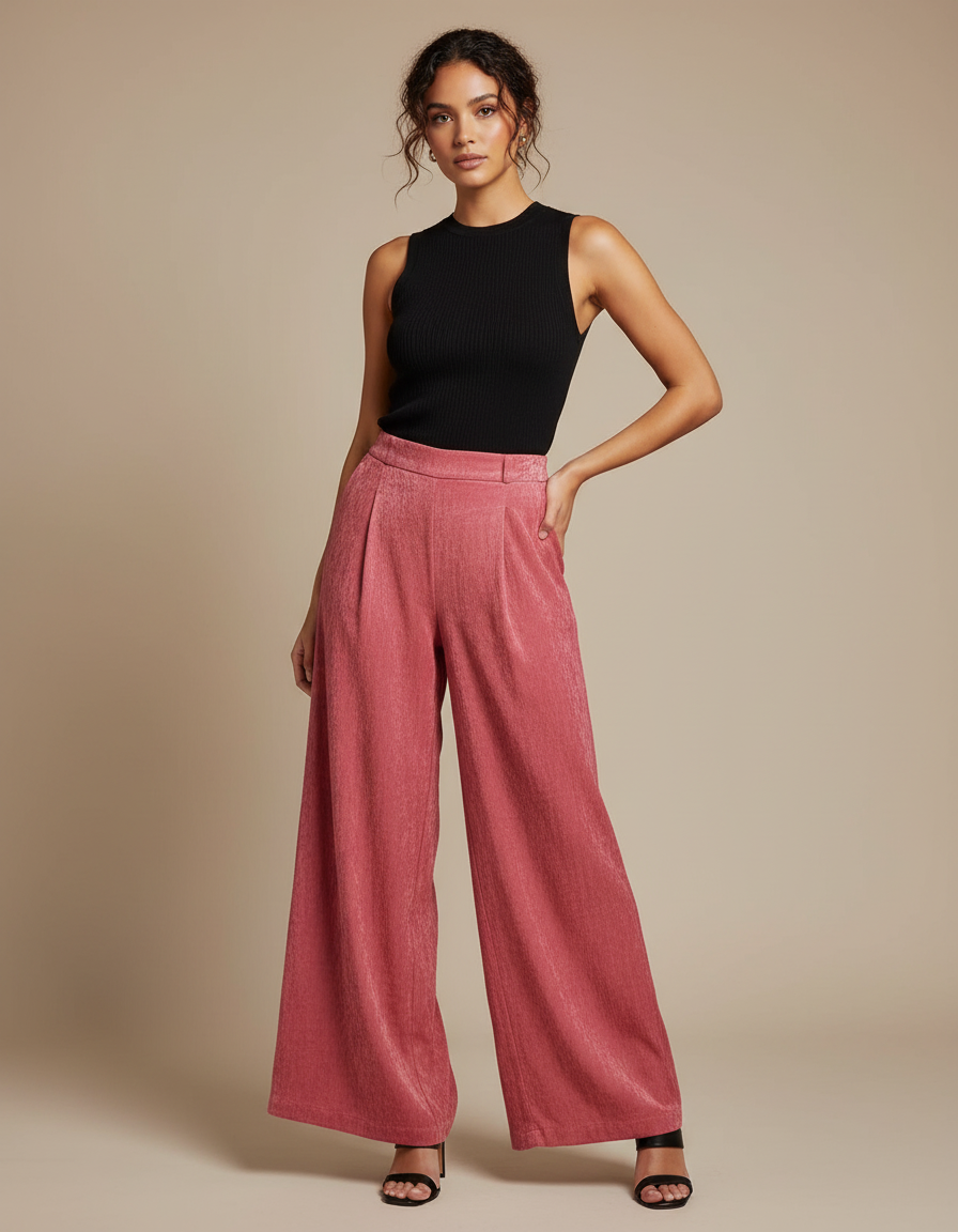 Pantalon Fluide Rose Plissé Ample Élégant Femme - Viscose