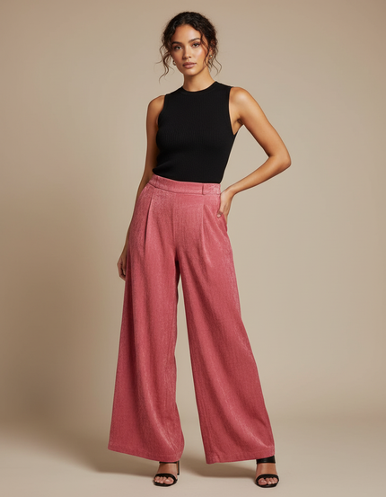 Pantalon Fluide Rose Plissé Ample Élégant Femme - Viscose