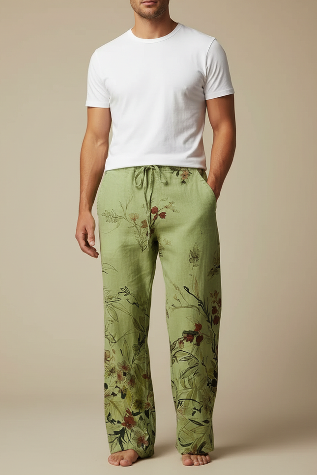 Pantalon Fluide Vert Lin Imprimé Floral Ample Homme
