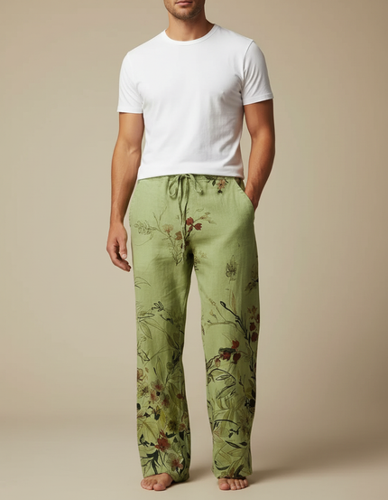 Pantalon Fluide Vert Lin Imprimé Floral Ample Homme