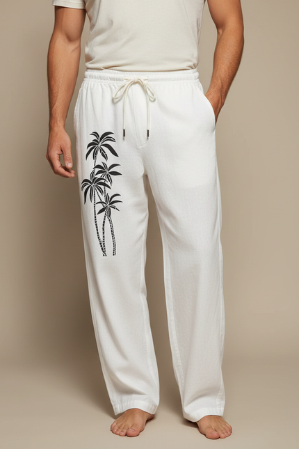 Pantalon Fluide Blanc Lin Palmiers Cordon Ample Homme