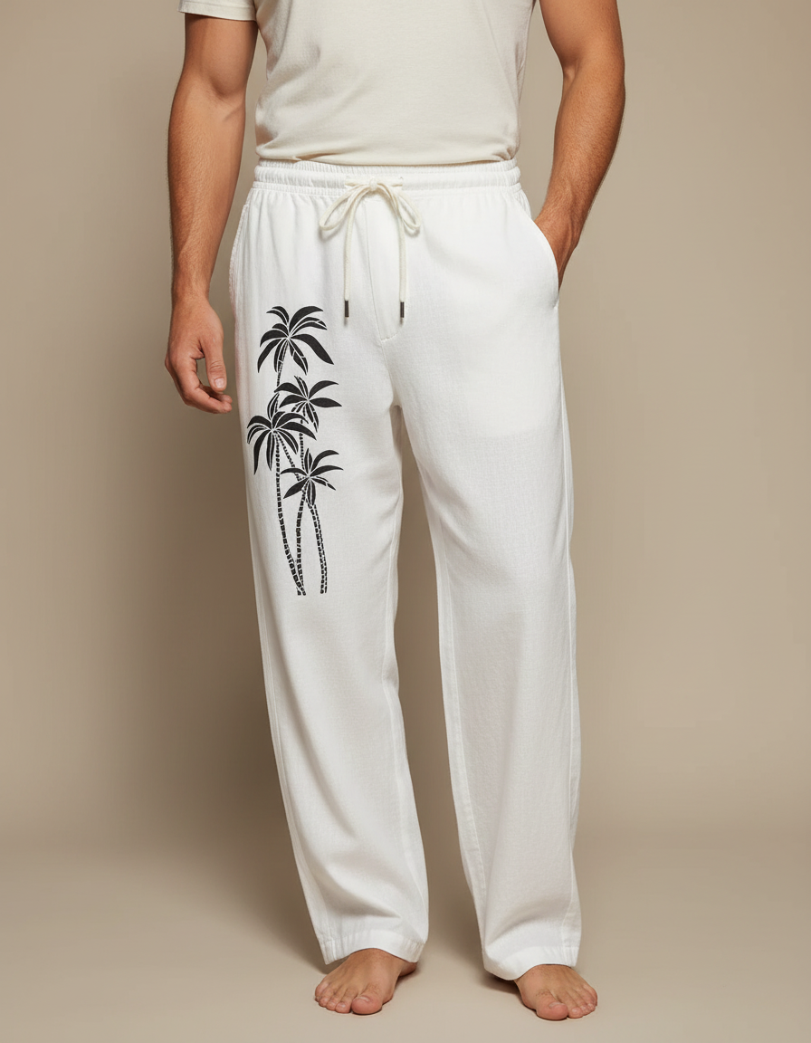 Pantalon Fluide Blanc Lin Palmiers Cordon Ample Homme