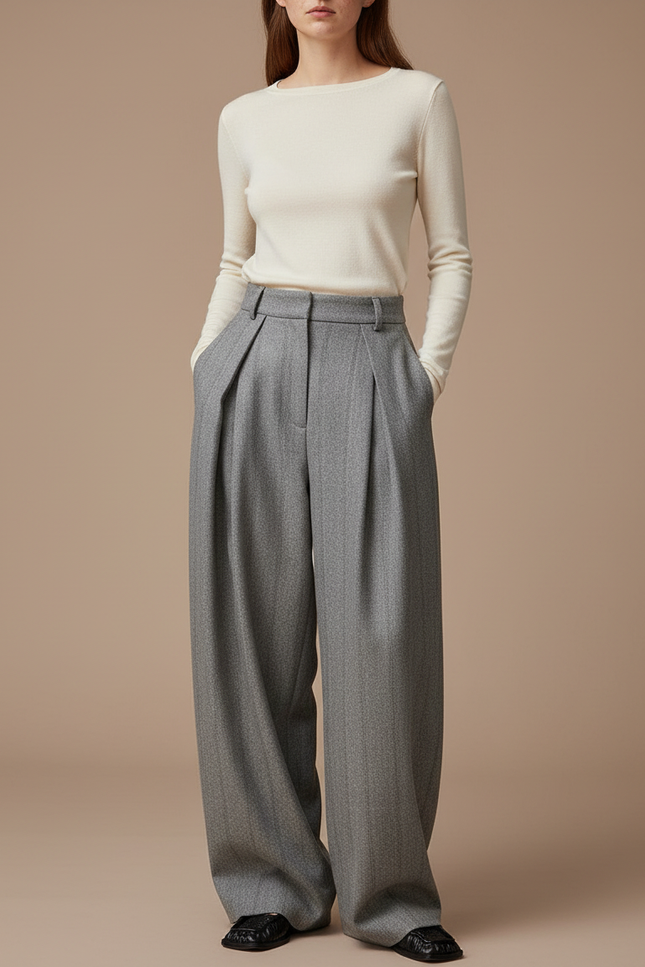 Pantalon Fluide Gris Laine Chevron Plissé Large Rétro
