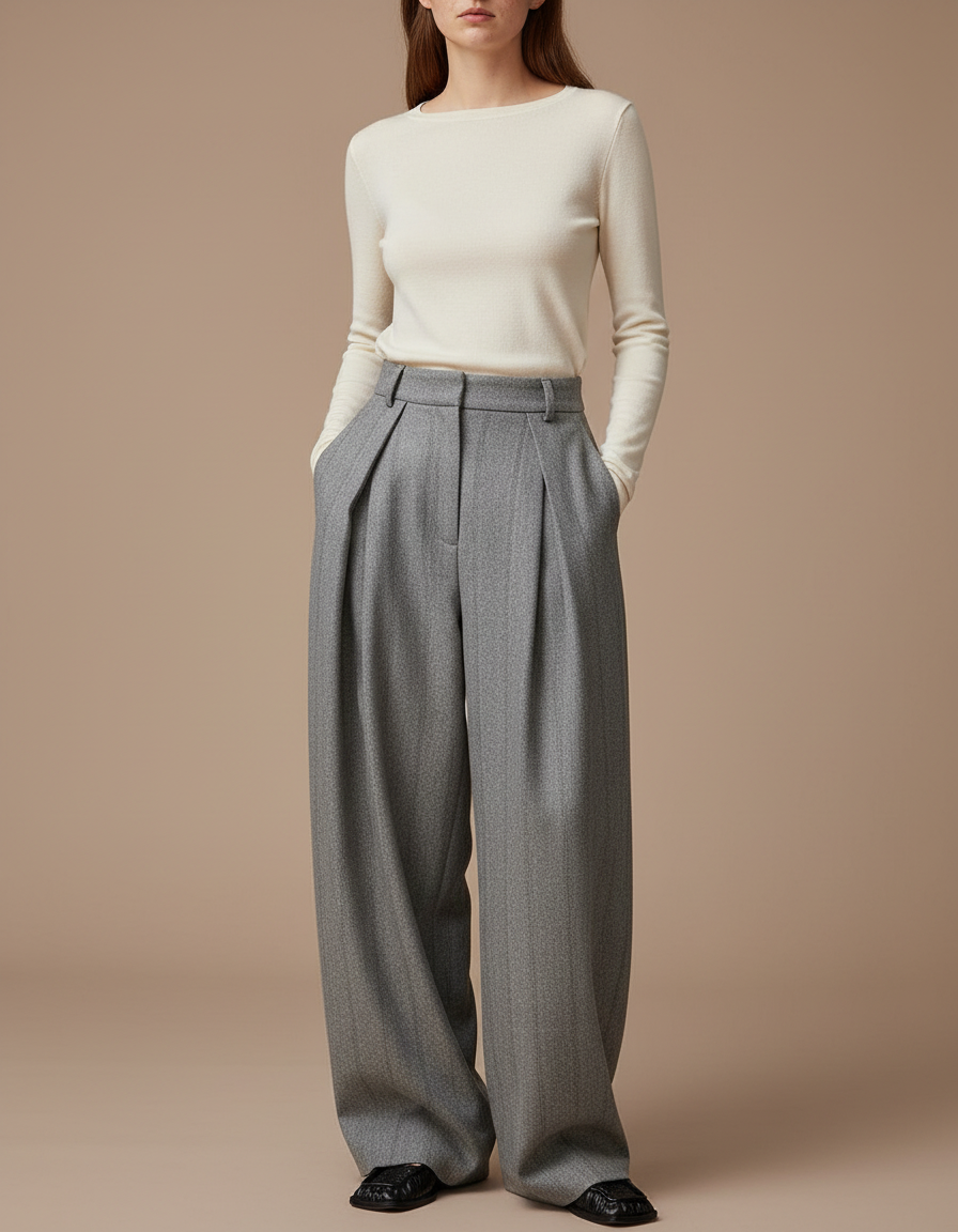 Pantalon Fluide Gris Laine Chevron Plissé Large Rétro