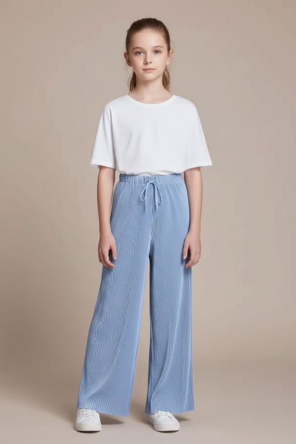 Pantalon Fluide Plissé Bleu Ciel Ample Enfant - Polyester