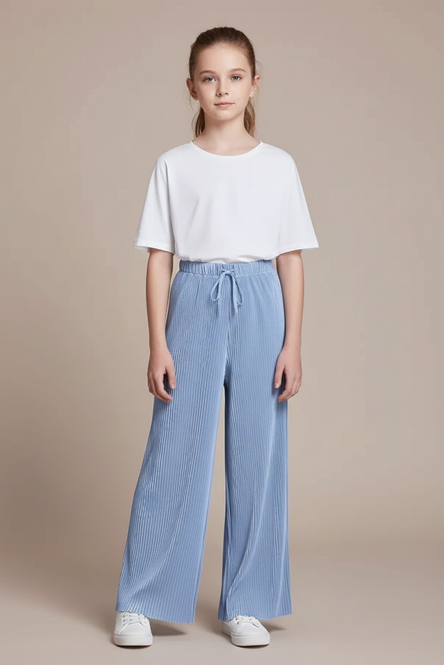 Pantalon Fluide Plissé Bleu Ciel Ample Enfant - Polyester