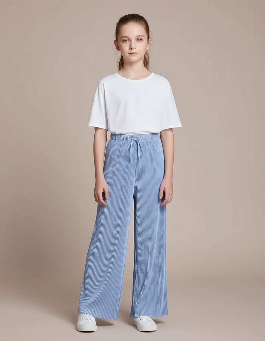 Pantalon Fluide Plissé Bleu Ciel Ample Enfant - Polyester