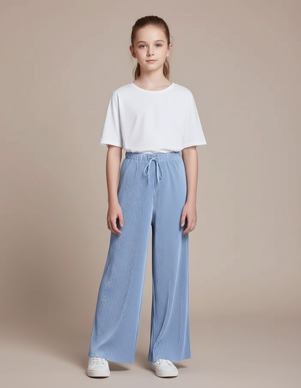 Pantalon Fluide Plissé Bleu Ciel Ample Enfant - Polyester