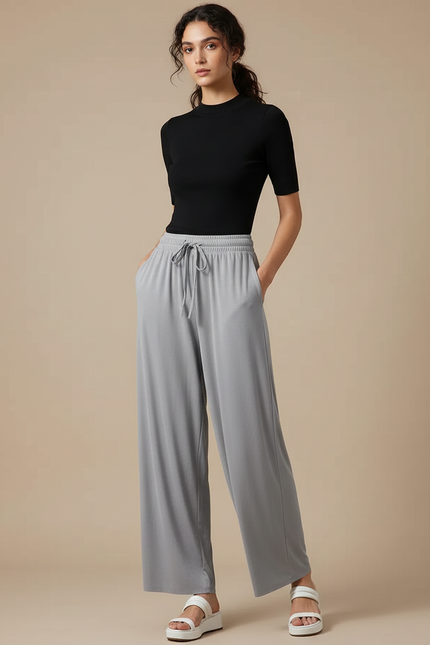 Pantalon Fluide Gris Ample Cordon Confortable - Viscose