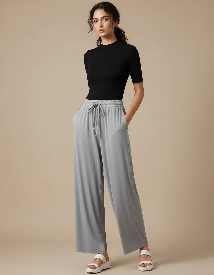 Pantalon Fluide Gris Ample Cordon Confortable - Viscose
