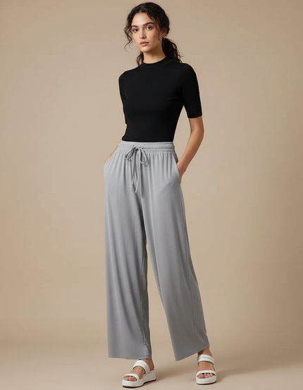 Pantalon Fluide Gris Ample Cordon Confortable - Viscose