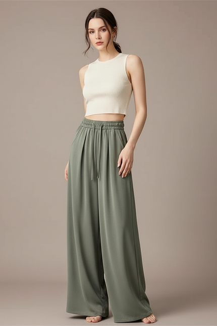 Pantalon Fluide Vert Ample Cordon Décontracté Élégant - Kaki Viscose
