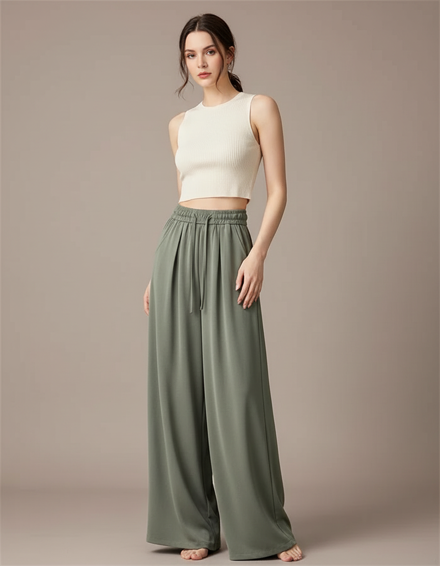 Pantalon Fluide Vert Ample Cordon Décontracté Élégant - Kaki Viscose