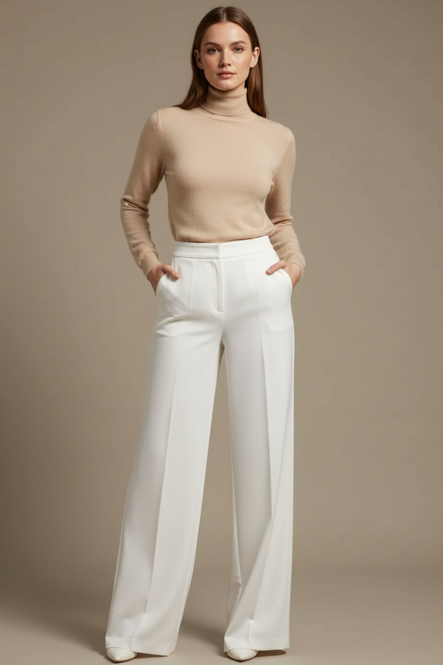 Pantalon Fluide Blanc Ample Taille Haute Élégant Décontracté - Polyester