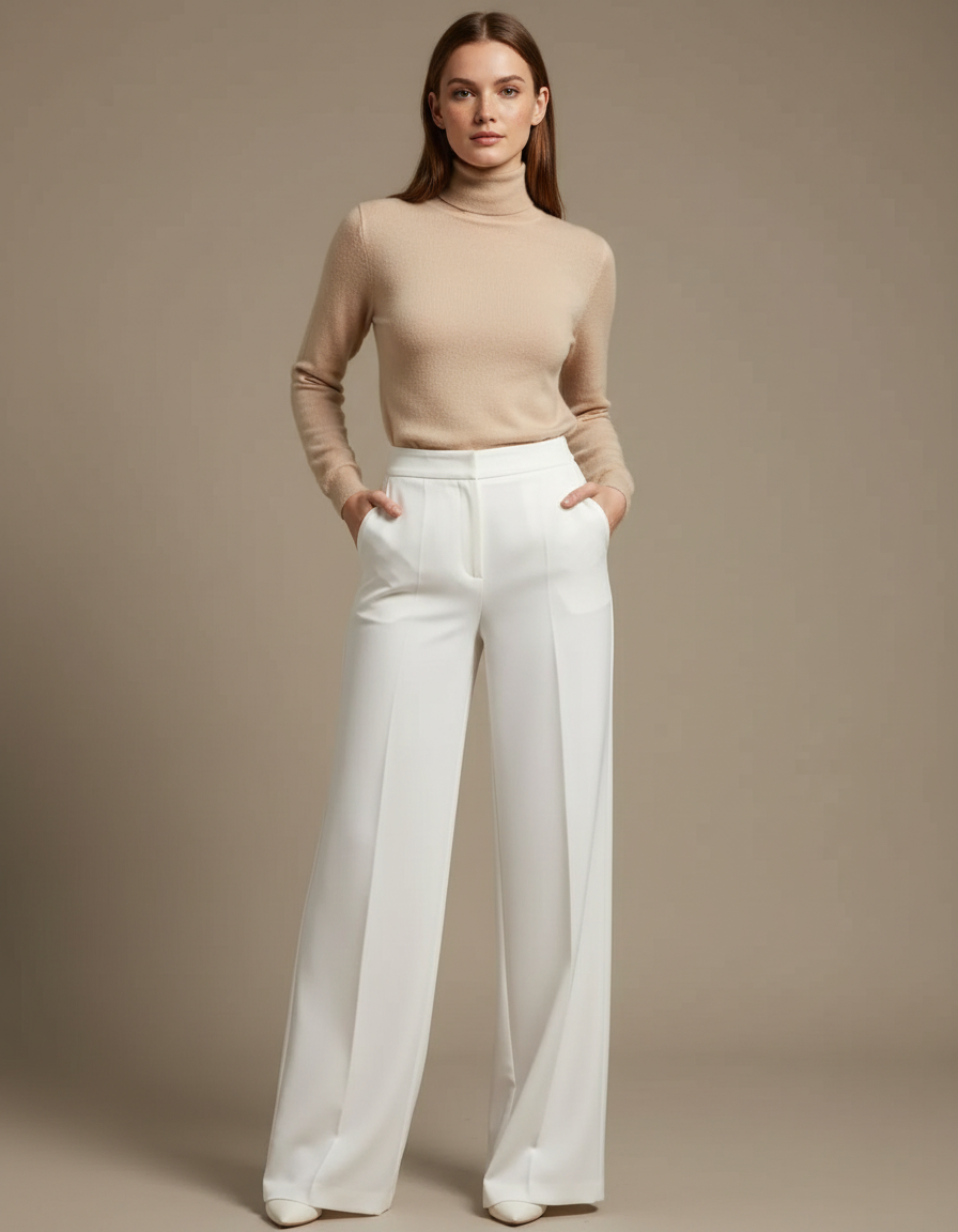 Pantalon Fluide Blanc Ample Taille Haute Élégant Décontracté - Polyester