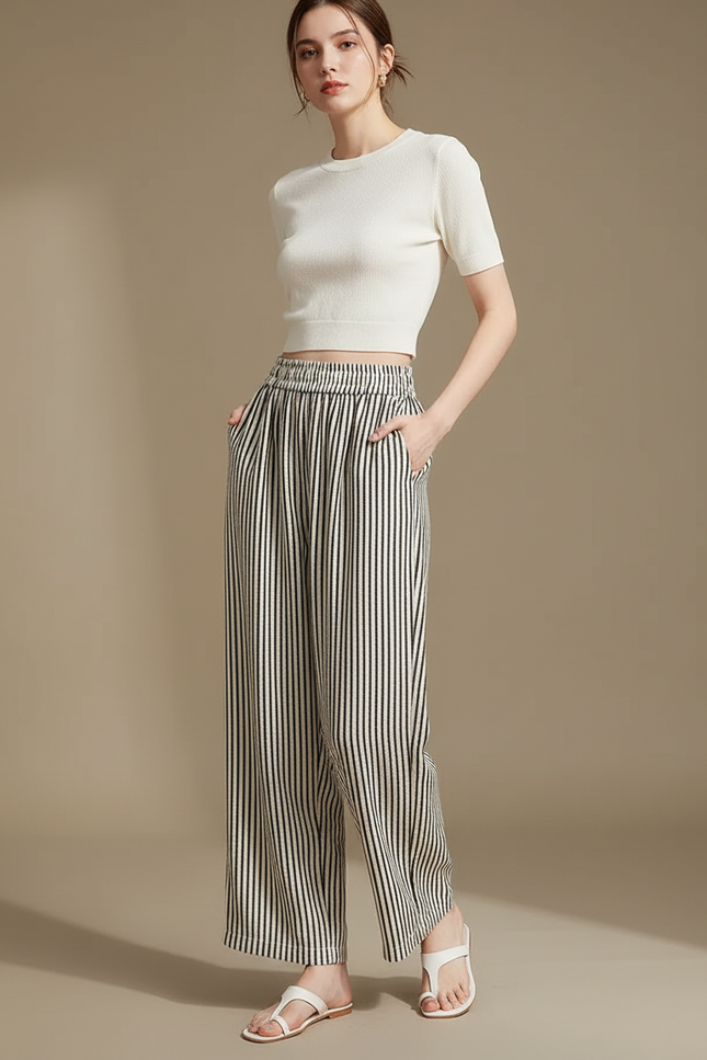 Pantalon Fluide Rayé Noir Blanc Ample Confortable - Multicolore Viscose