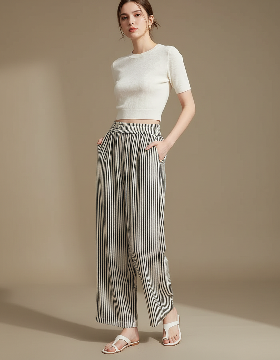 Pantalon Fluide Rayé Noir Blanc Ample Confortable - Multicolore Viscose