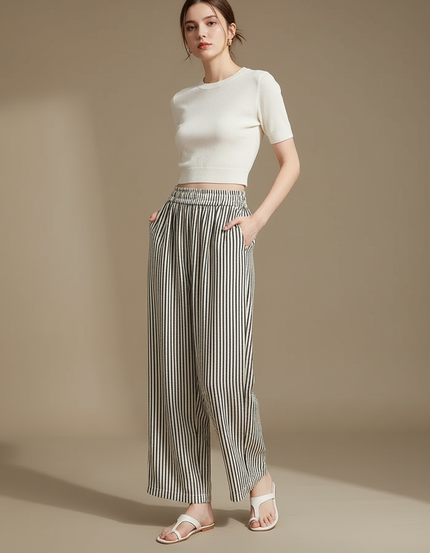 Pantalon Fluide Rayé Noir Blanc Ample Confortable - Multicolore Viscose