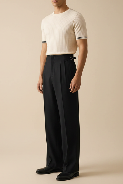 Pantalon Fluide Noir Ample Plissé Ceinture Habillé Homme - Laine