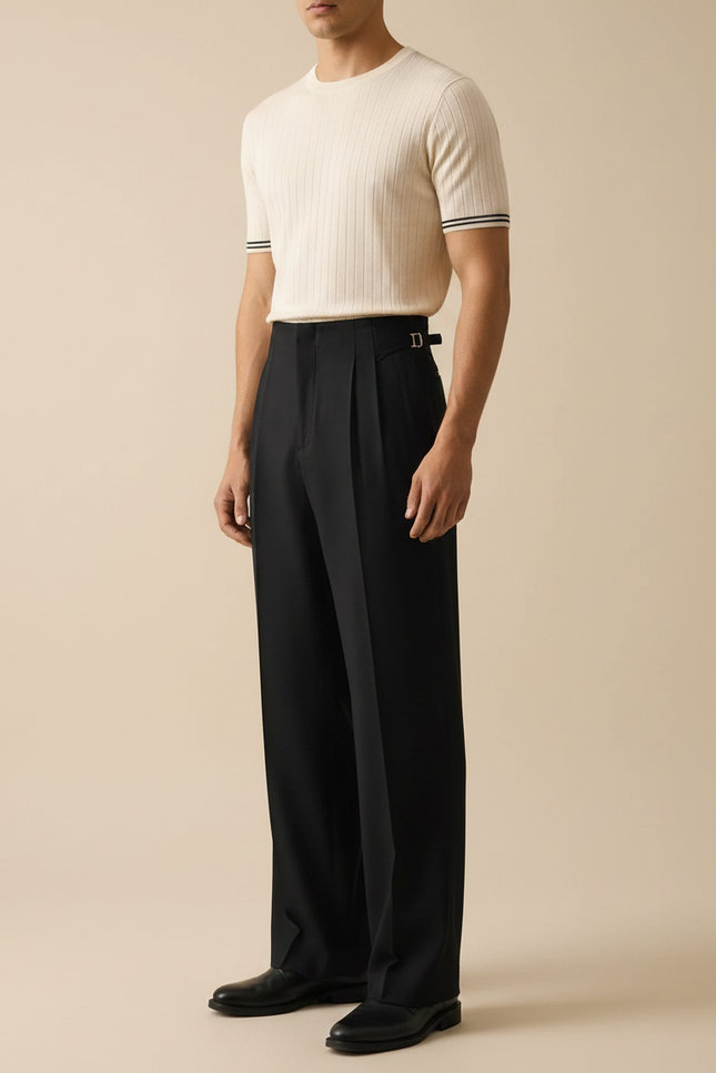 Pantalon Fluide Noir Ample Plissé Ceinture Habillé Homme - Laine