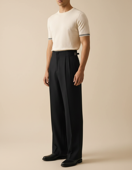 Pantalon Fluide Noir Ample Plissé Ceinture Habillé Homme - Laine