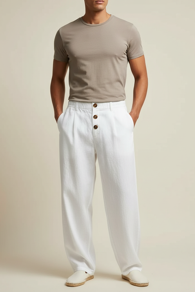 Pantalon Fluide Blanc Lin Ample Boutons Décontracté Homme