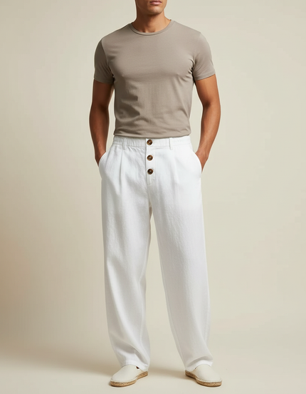 Pantalon Fluide Blanc Lin Ample Boutons Décontracté Homme