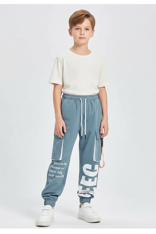 Pantalon Fluide Cargo Bleu Ample Imprimé Garçon - Polyester