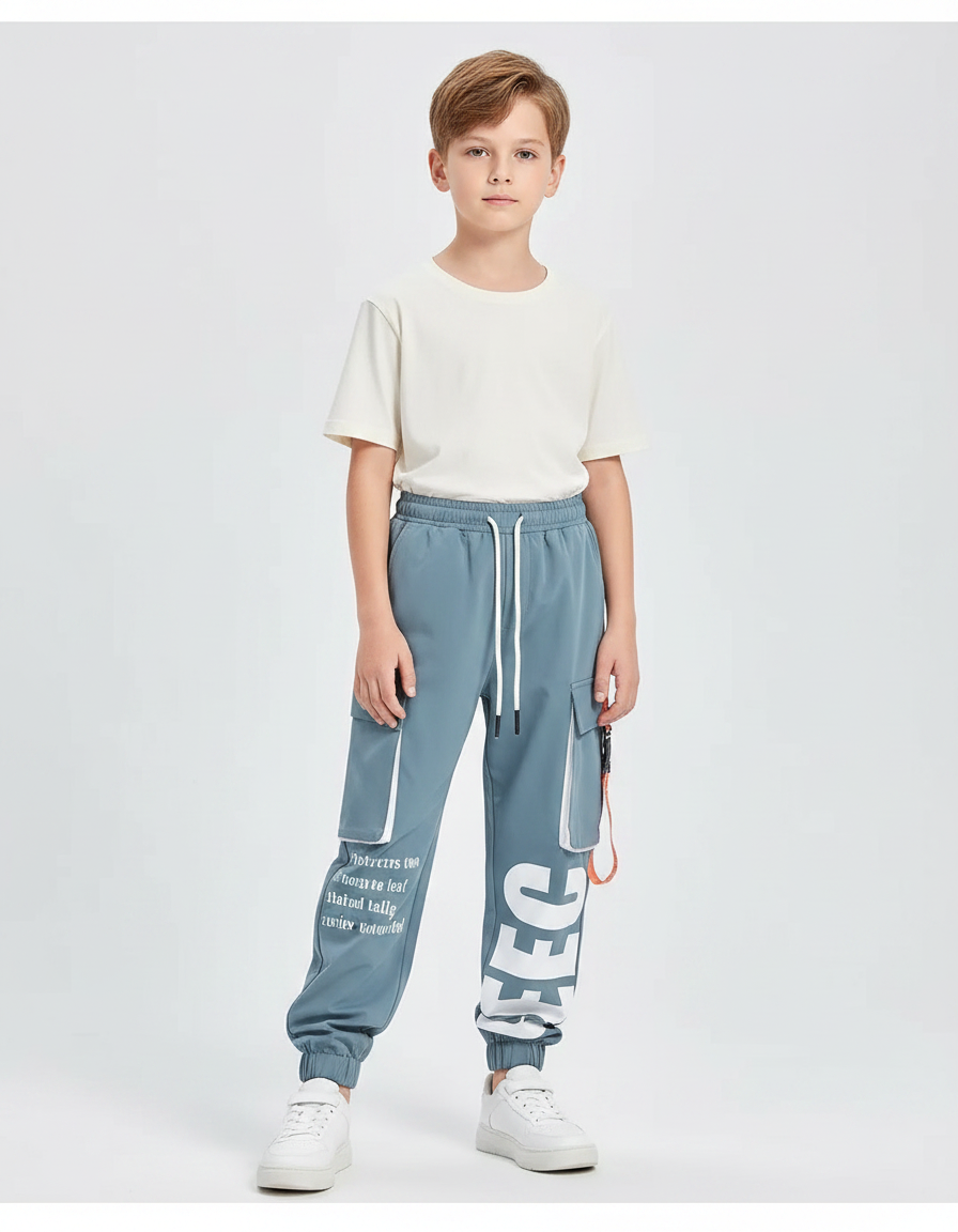 Pantalon Fluide Cargo Bleu Ample Imprimé Garçon - Polyester