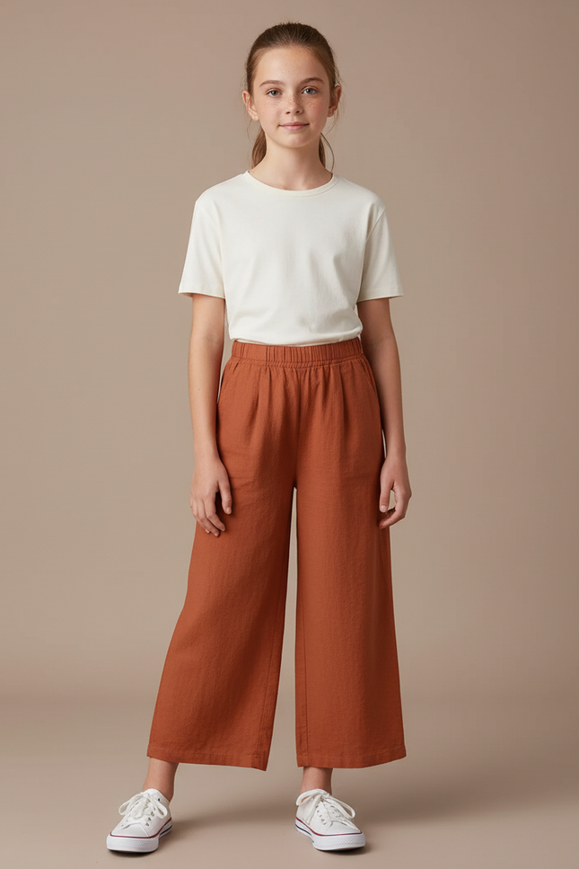 Pantalon Fluide Terracota Ample Coton Décontracté Fille - Orange Lin
