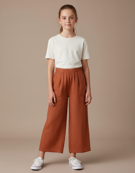 Pantalon Fluide Terracota Ample Coton Décontracté Fille - Orange Lin