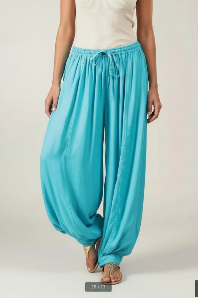 Pantalon Fluide Turquoise Ample Plissé Décontracté Femme - Bleu Viscose
