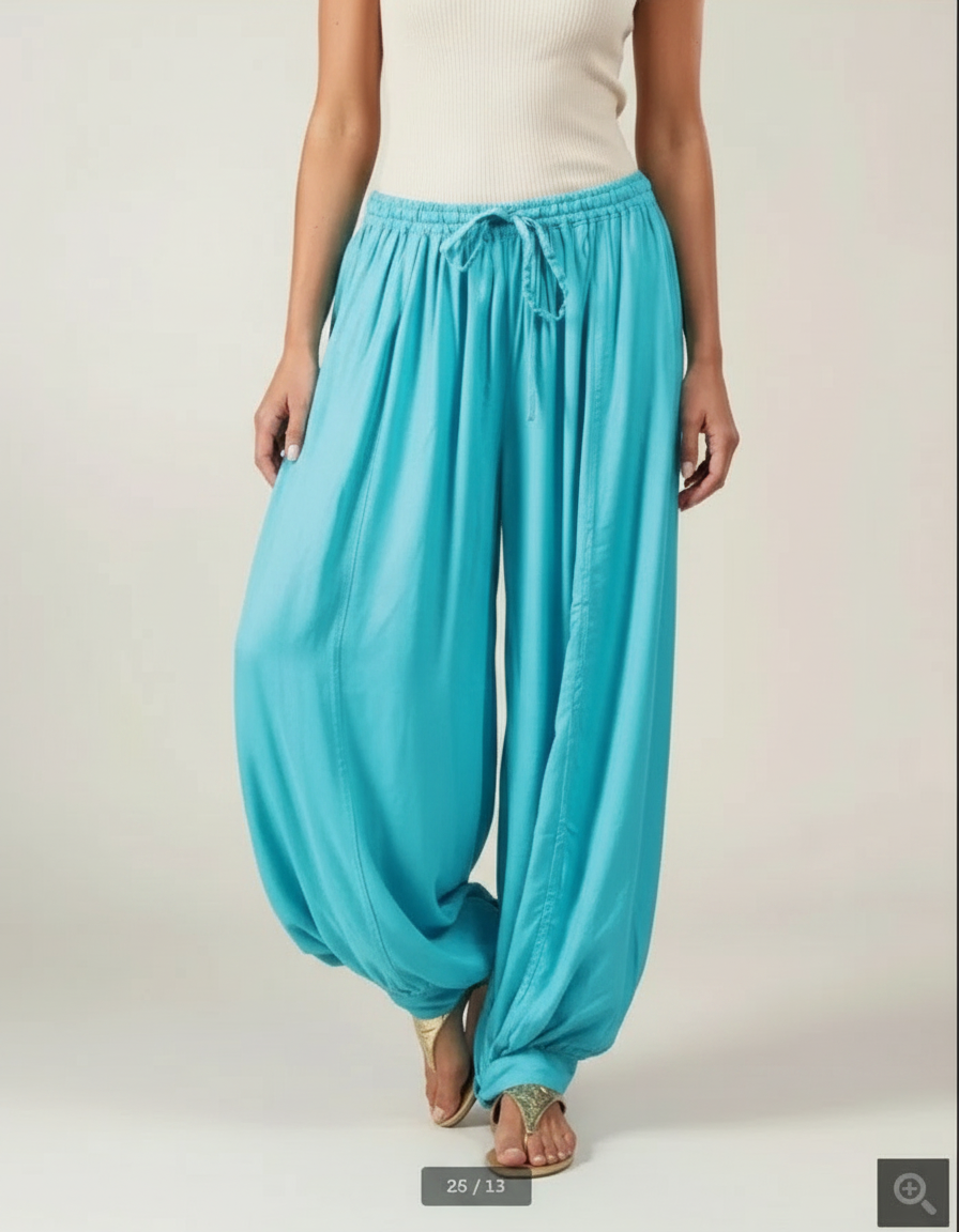 Pantalon Fluide Turquoise Ample Plissé Décontracté Femme - Bleu Viscose