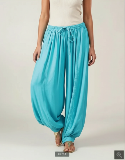 Pantalon Fluide Turquoise Ample Plissé Décontracté Femme - Bleu Viscose