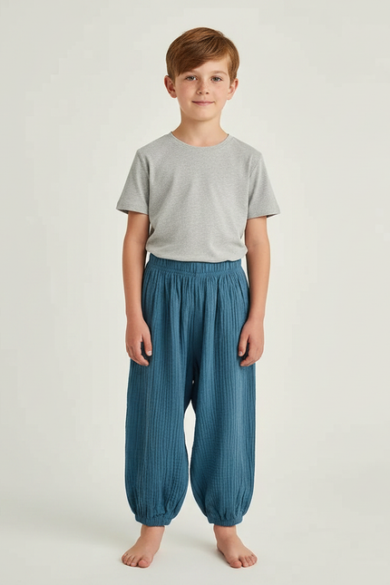 Pantalon Fluide Bleu Coton Plissé Ample Enfant