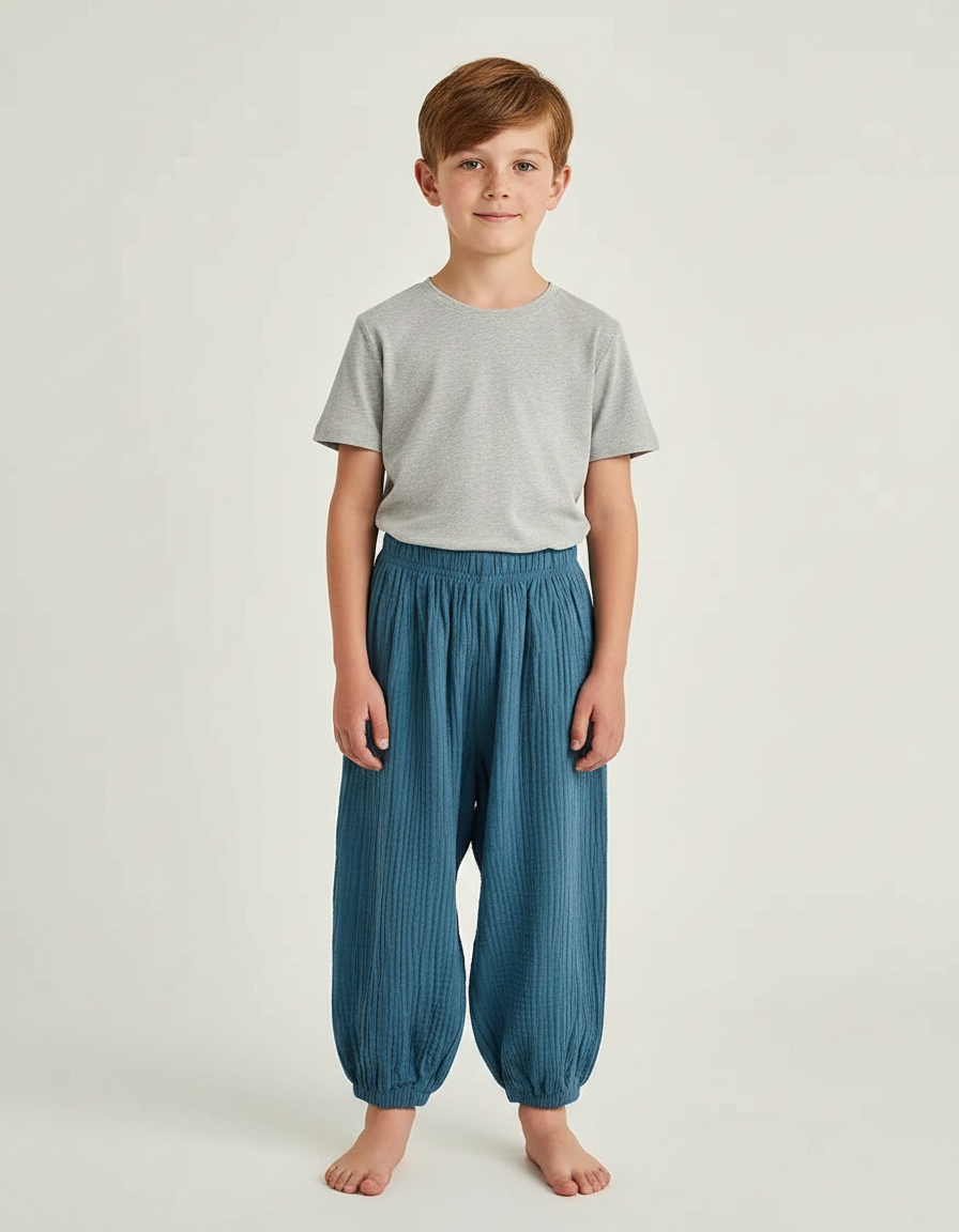 Pantalon Fluide Bleu Coton Plissé Ample Enfant