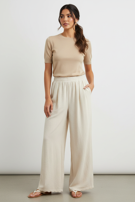 Pantalon Fluide Écru Ample Plissé Confortable Femme - Beige Viscose