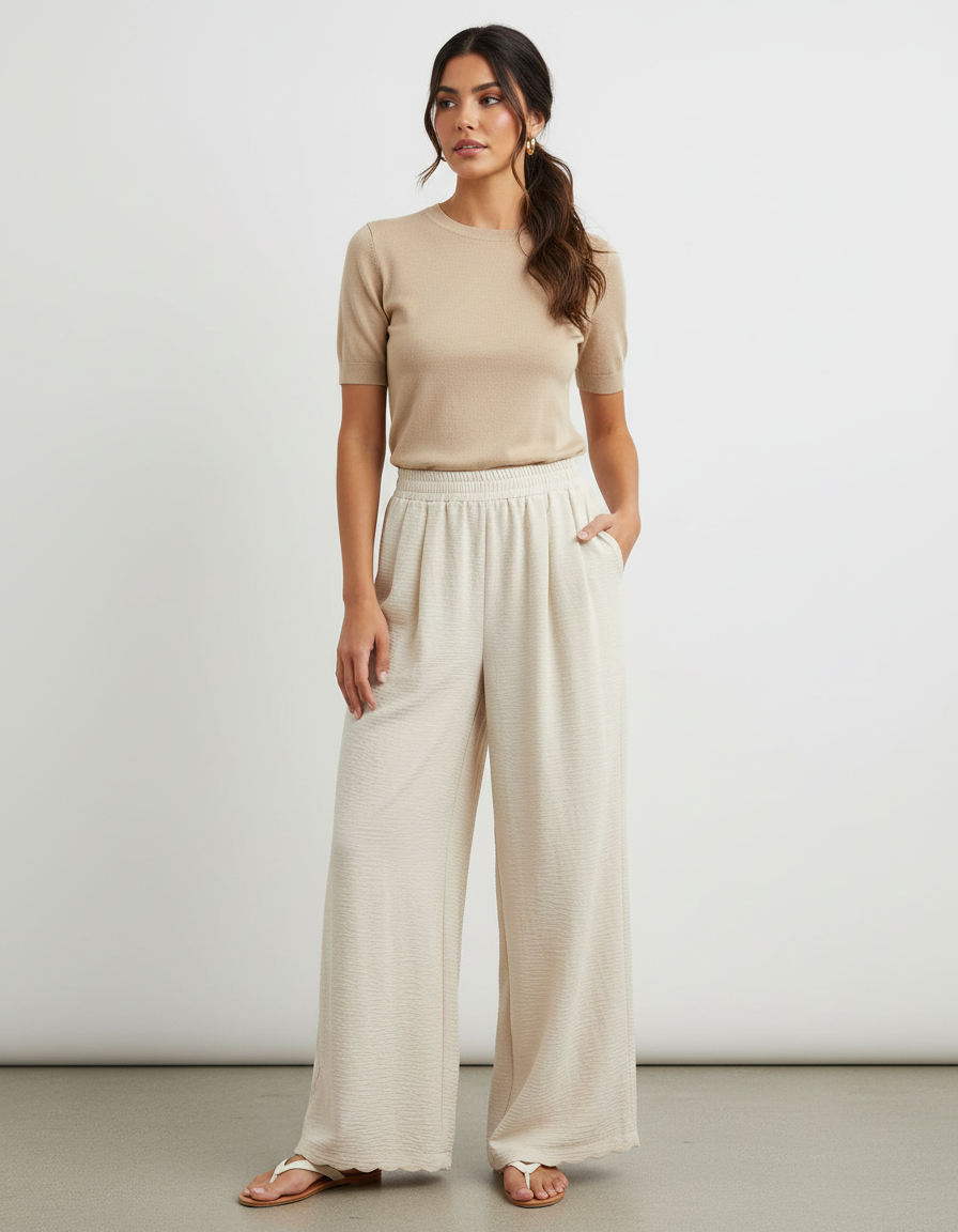 Pantalon Fluide Écru Ample Plissé Confortable Femme - Beige Viscose