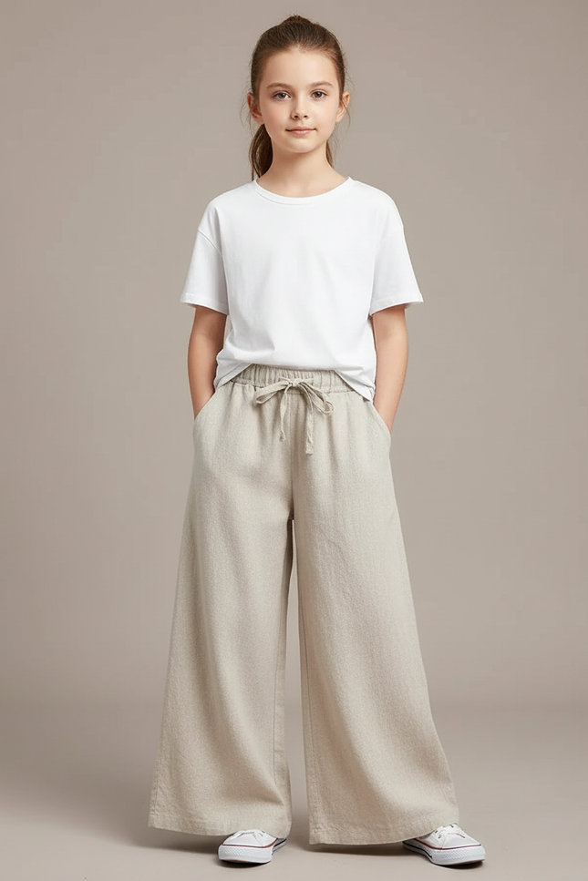 Pantalon Fluide Beige Large Lin Cordon Fille