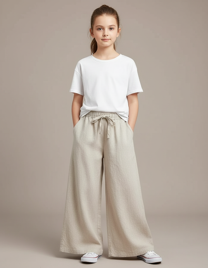 Pantalon Fluide Beige Large Lin Cordon Fille