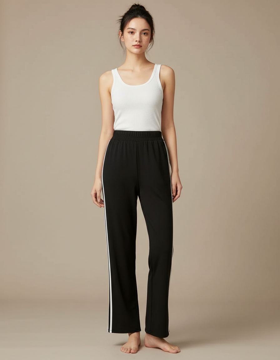 Pantalon Fluide Noir Rayures Blanches Ample Décontracté - Polyester