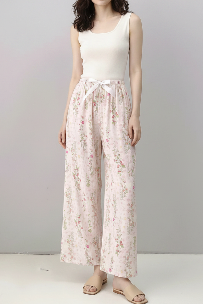 Pantalon Fluide Rose Floral Ample Décontracté Cordon - Viscose