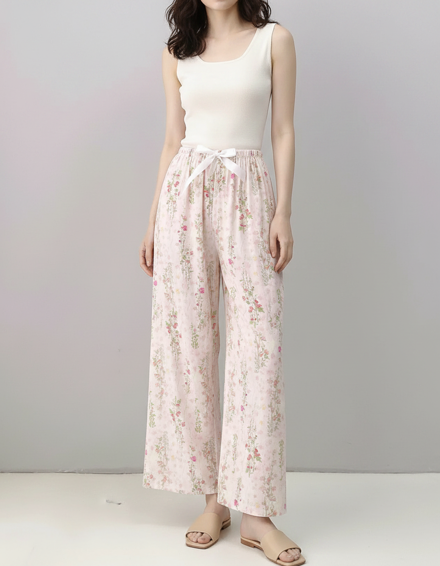 Pantalon Fluide Rose Floral Ample Décontracté Cordon - Viscose