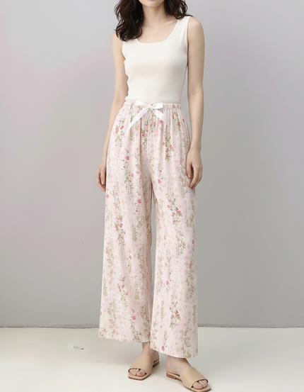 Pantalon Fluide Rose Floral Ample Décontracté Cordon - Viscose