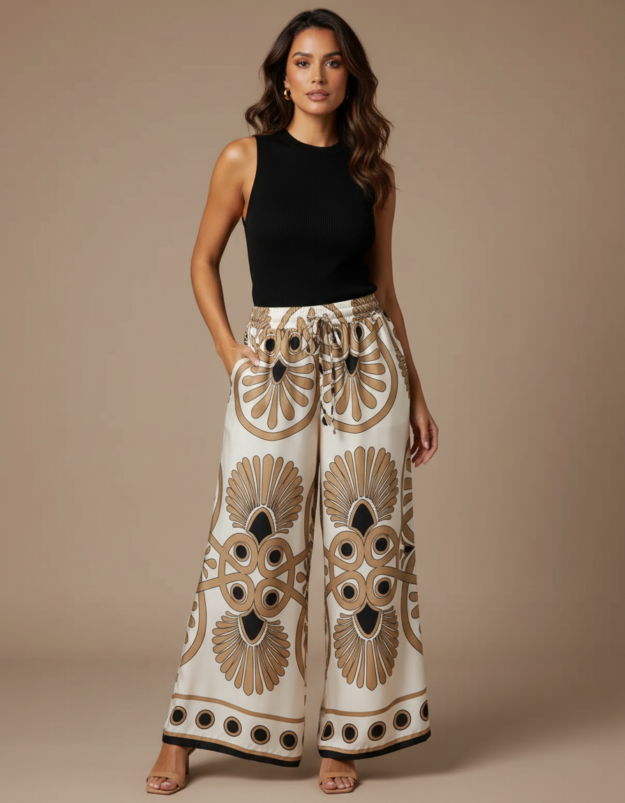 Pantalon Fluide Écru Imprimé Géométrique Satin Ample Femme