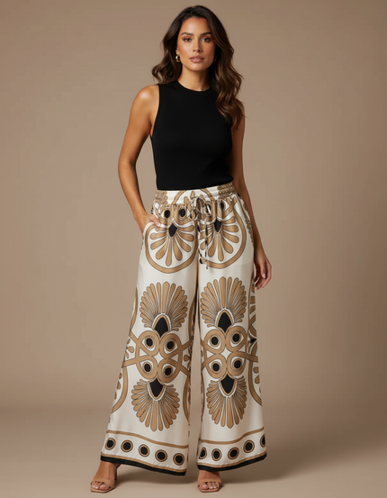 Pantalon Fluide Écru Imprimé Géométrique Satin Ample Femme