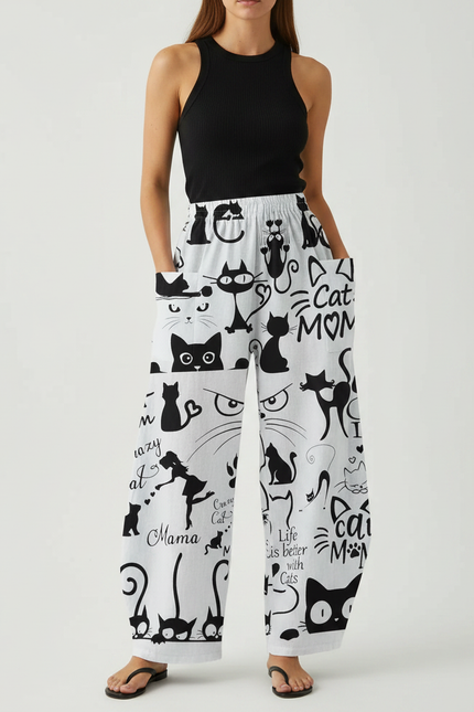 Pantalon Fluide Blanc Ample Imprimé Chats Décontracté - Viscose
